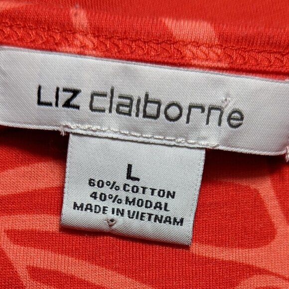 LIZ CLAIBORNE Scoop Neck Cap Sleeve T-Shirt Red and Orange Pattern Size Large - Picture 2 of 10